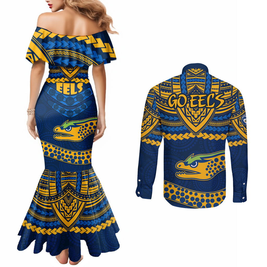 eels-rugby-couples-matching-mermaid-dress-and-long-sleeve-button-shirts-polynesian-and-aboriginal-vibe