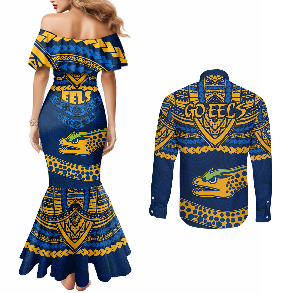 eels-rugby-couples-matching-mermaid-dress-and-long-sleeve-button-shirts-polynesian-and-aboriginal-vibe