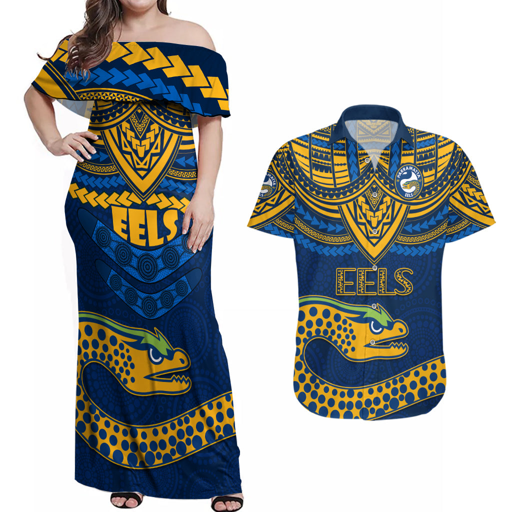 eels-rugby-couples-matching-off-shoulder-maxi-dress-and-hawaiian-shirt-polynesian-and-aboriginal-vibe