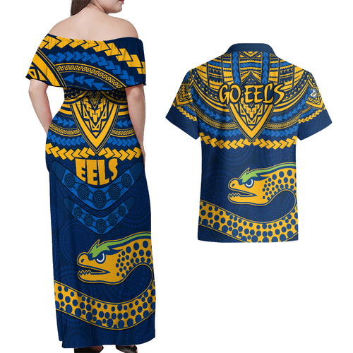 eels-rugby-couples-matching-off-shoulder-maxi-dress-and-hawaiian-shirt-polynesian-and-aboriginal-vibe
