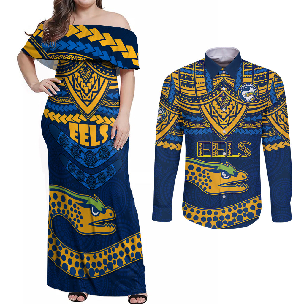 eels-rugby-couples-matching-off-shoulder-maxi-dress-and-long-sleeve-button-shirts-polynesian-and-aboriginal-vibe