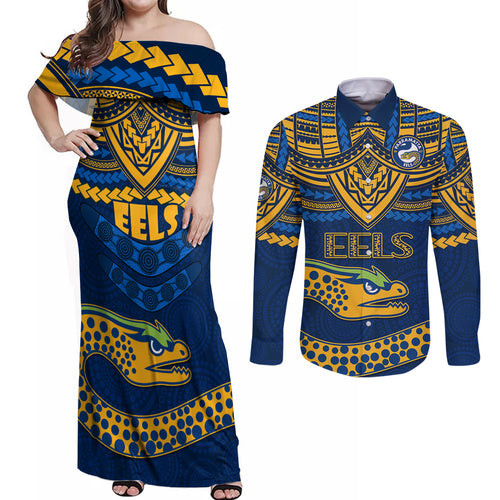 eels-rugby-couples-matching-off-shoulder-maxi-dress-and-long-sleeve-button-shirts-polynesian-and-aboriginal-vibe