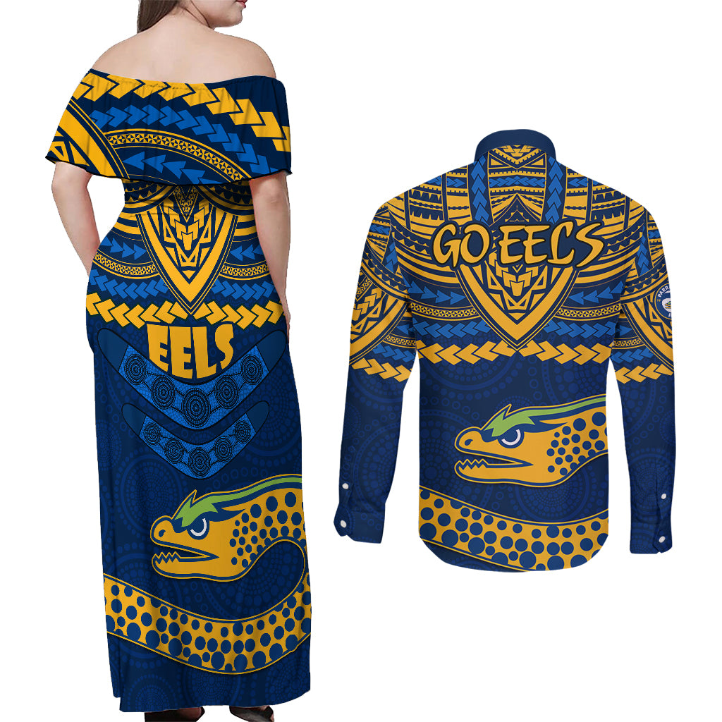 eels-rugby-couples-matching-off-shoulder-maxi-dress-and-long-sleeve-button-shirts-polynesian-and-aboriginal-vibe