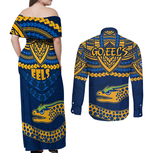 eels-rugby-couples-matching-off-shoulder-maxi-dress-and-long-sleeve-button-shirts-polynesian-and-aboriginal-vibe