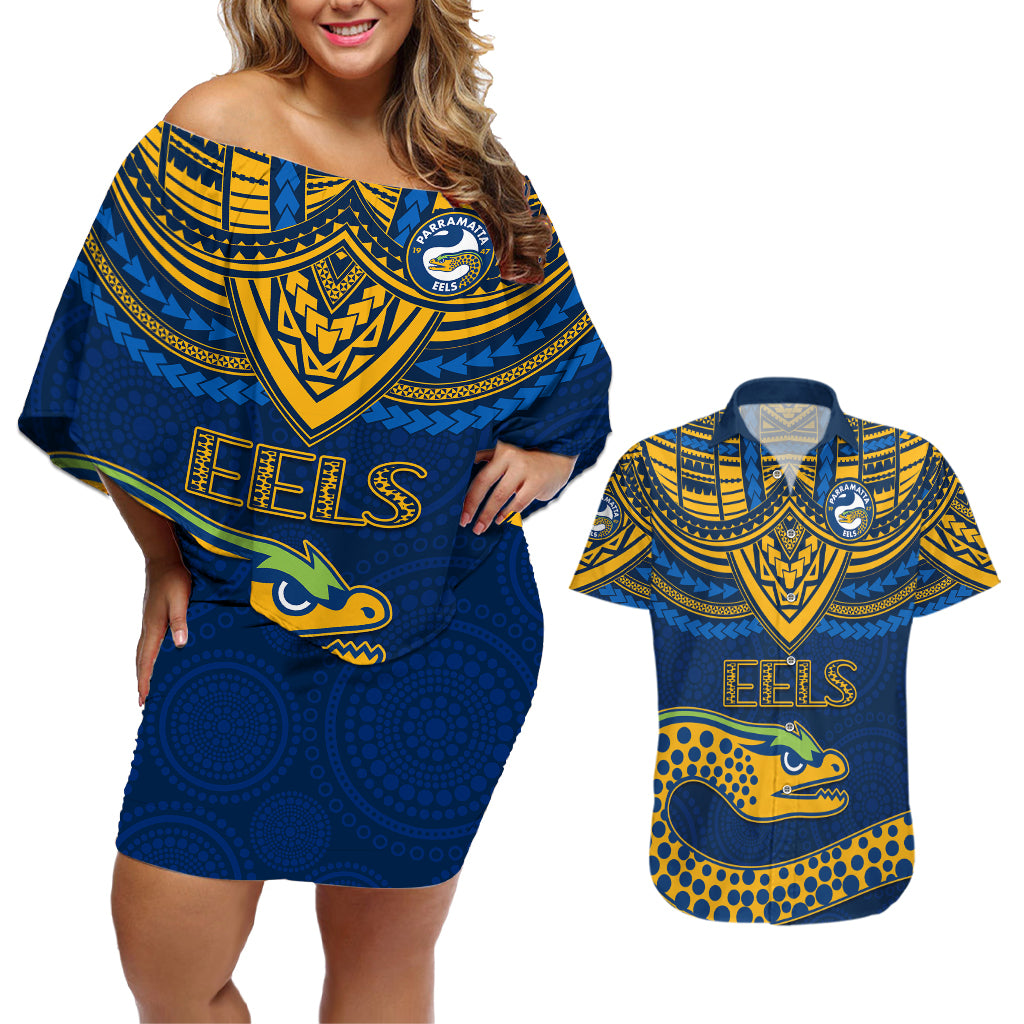 eels-rugby-couples-matching-off-shoulder-short-dress-and-hawaiian-shirt-polynesian-and-aboriginal-vibe
