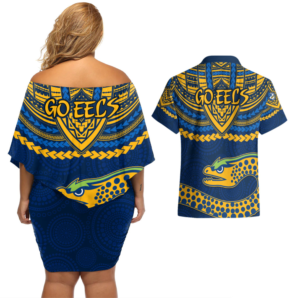 eels-rugby-couples-matching-off-shoulder-short-dress-and-hawaiian-shirt-polynesian-and-aboriginal-vibe