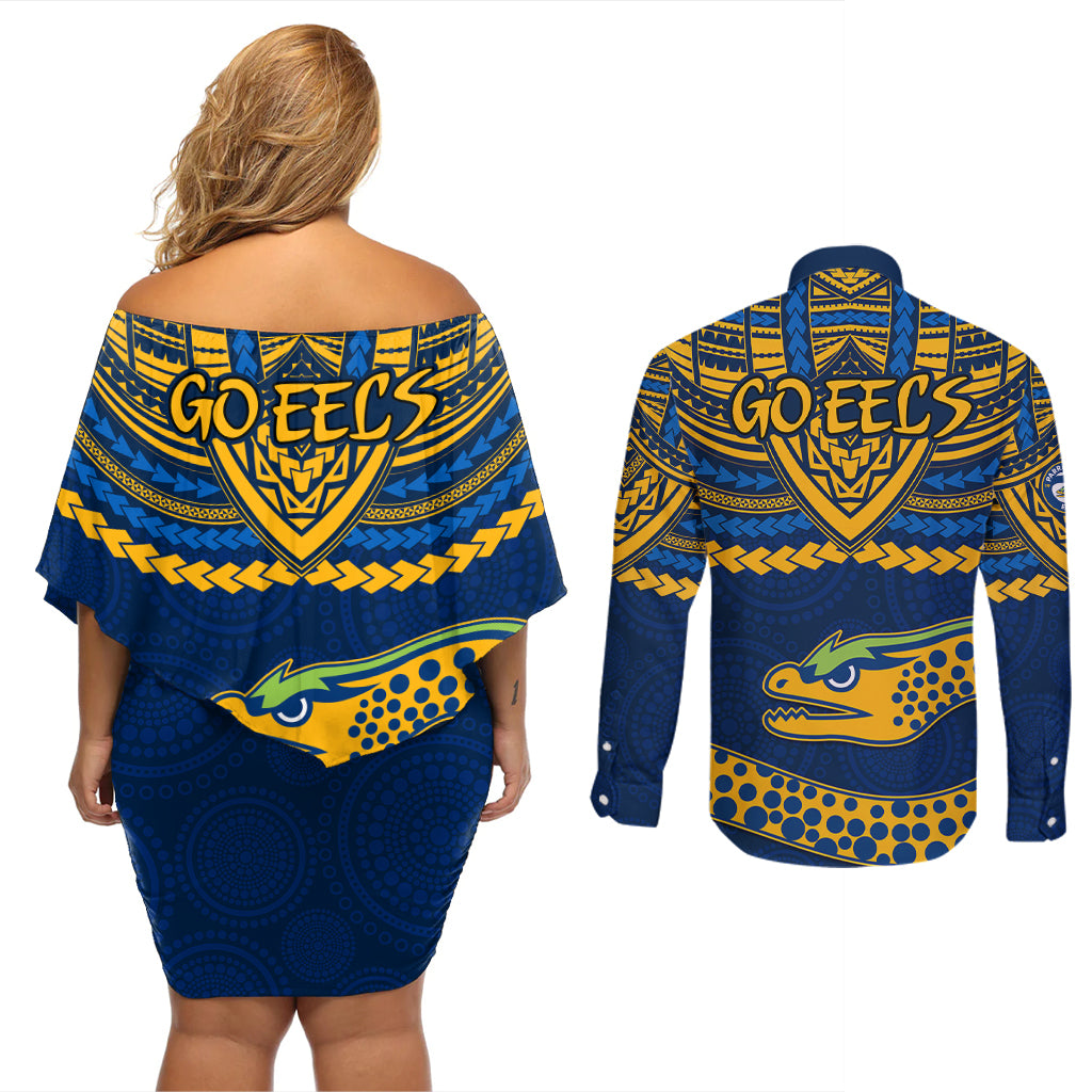 eels-rugby-couples-matching-off-shoulder-short-dress-and-long-sleeve-button-shirts-polynesian-and-aboriginal-vibe