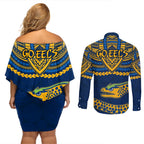 eels-rugby-couples-matching-off-shoulder-short-dress-and-long-sleeve-button-shirts-polynesian-and-aboriginal-vibe