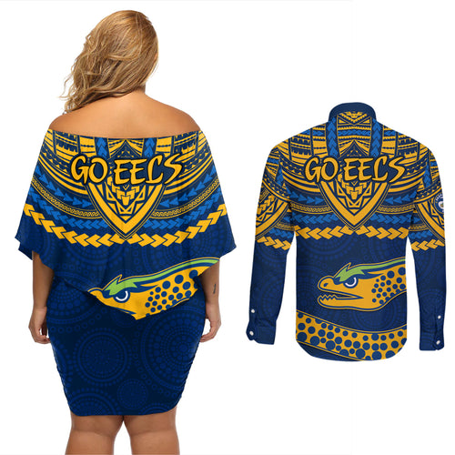 eels-rugby-couples-matching-off-shoulder-short-dress-and-long-sleeve-button-shirts-polynesian-and-aboriginal-vibe