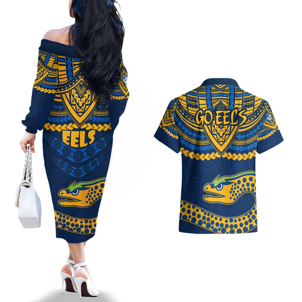 eels-rugby-couples-matching-off-the-shoulder-long-sleeve-dress-and-hawaiian-shirt-polynesian-and-aboriginal-vibe