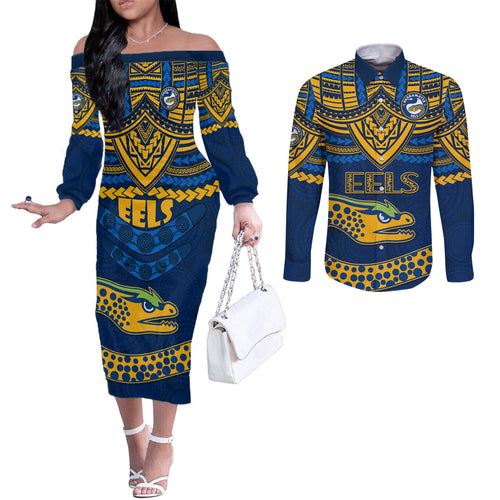 eels-rugby-couples-matching-off-the-shoulder-long-sleeve-dress-and-long-sleeve-button-shirts-polynesian-and-aboriginal-vibe