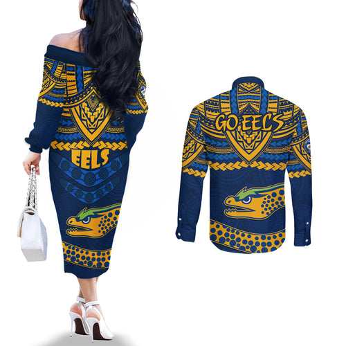 eels-rugby-couples-matching-off-the-shoulder-long-sleeve-dress-and-long-sleeve-button-shirts-polynesian-and-aboriginal-vibe