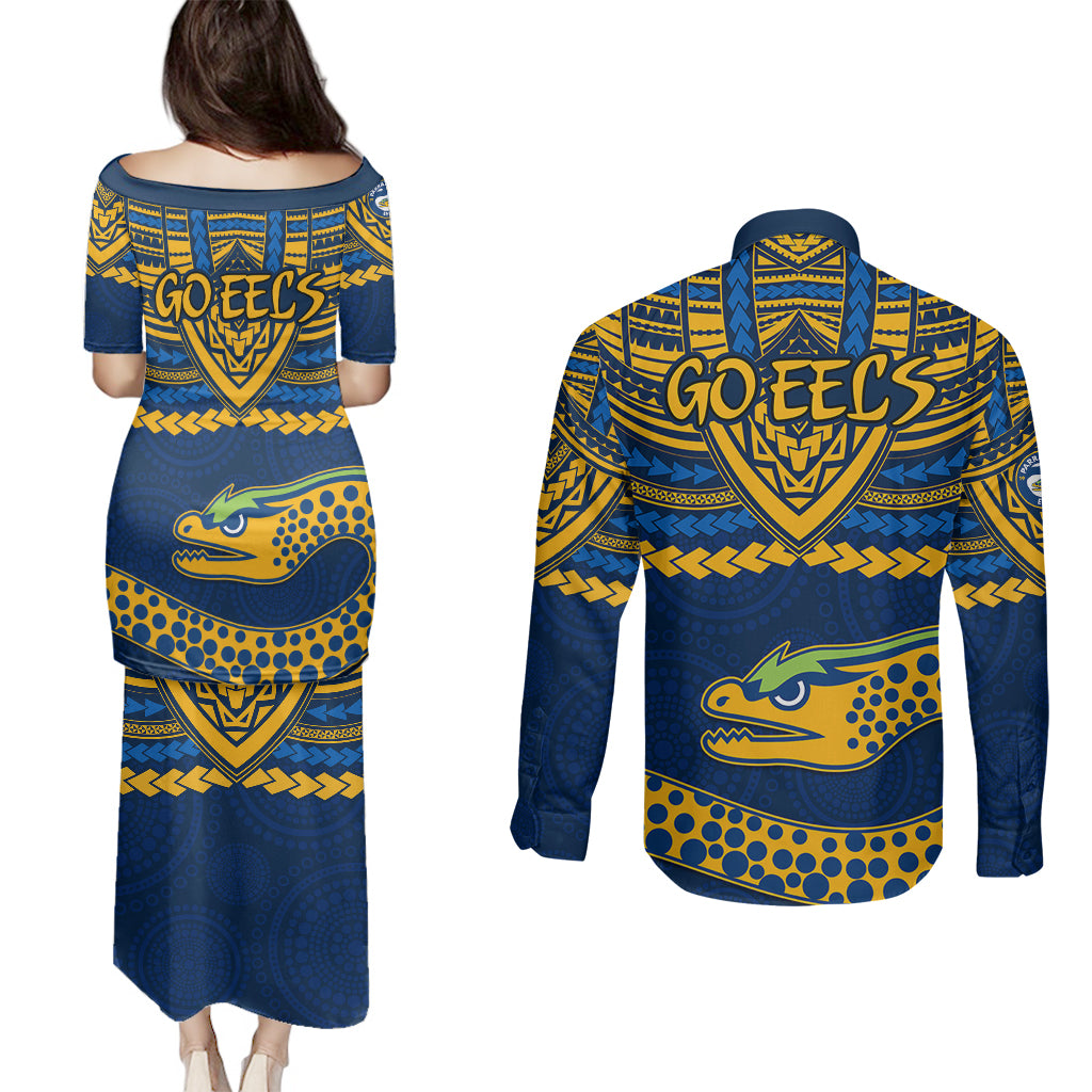 eels-rugby-couples-matching-puletasi-dress-and-long-sleeve-button-shirts-polynesian-and-aboriginal-vibe