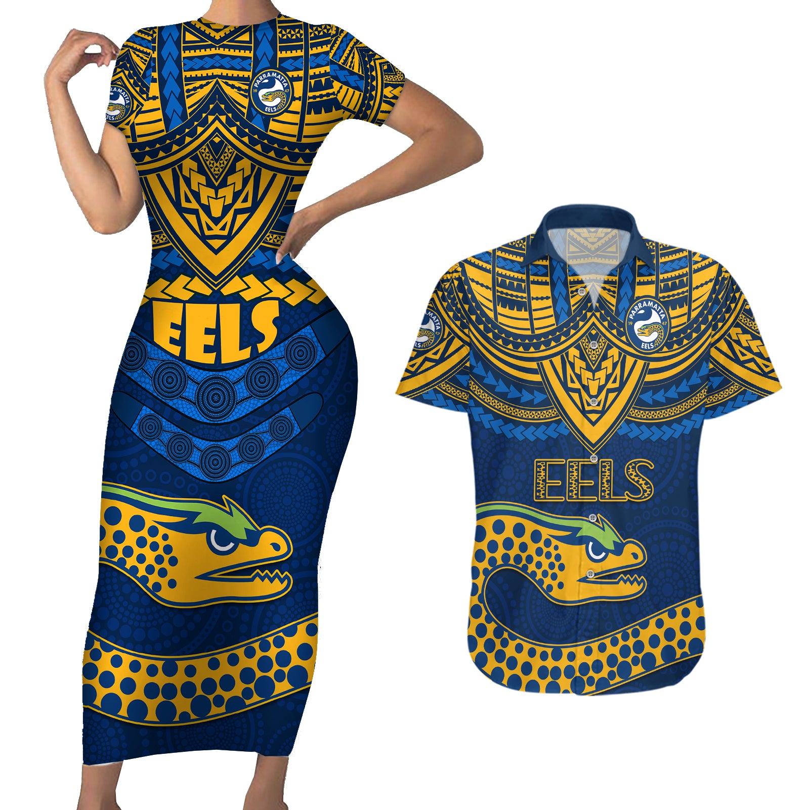 eels-rugby-couples-matching-short-sleeve-bodycon-dress-and-hawaiian-shirt-polynesian-and-aboriginal-vibe