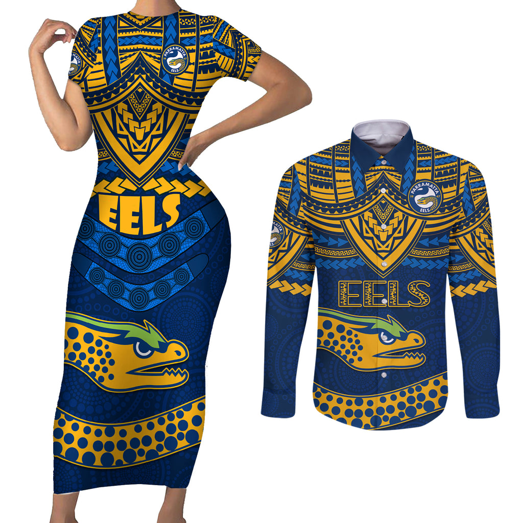 eels-rugby-couples-matching-short-sleeve-bodycon-dress-and-long-sleeve-button-shirts-polynesian-and-aboriginal-vibe