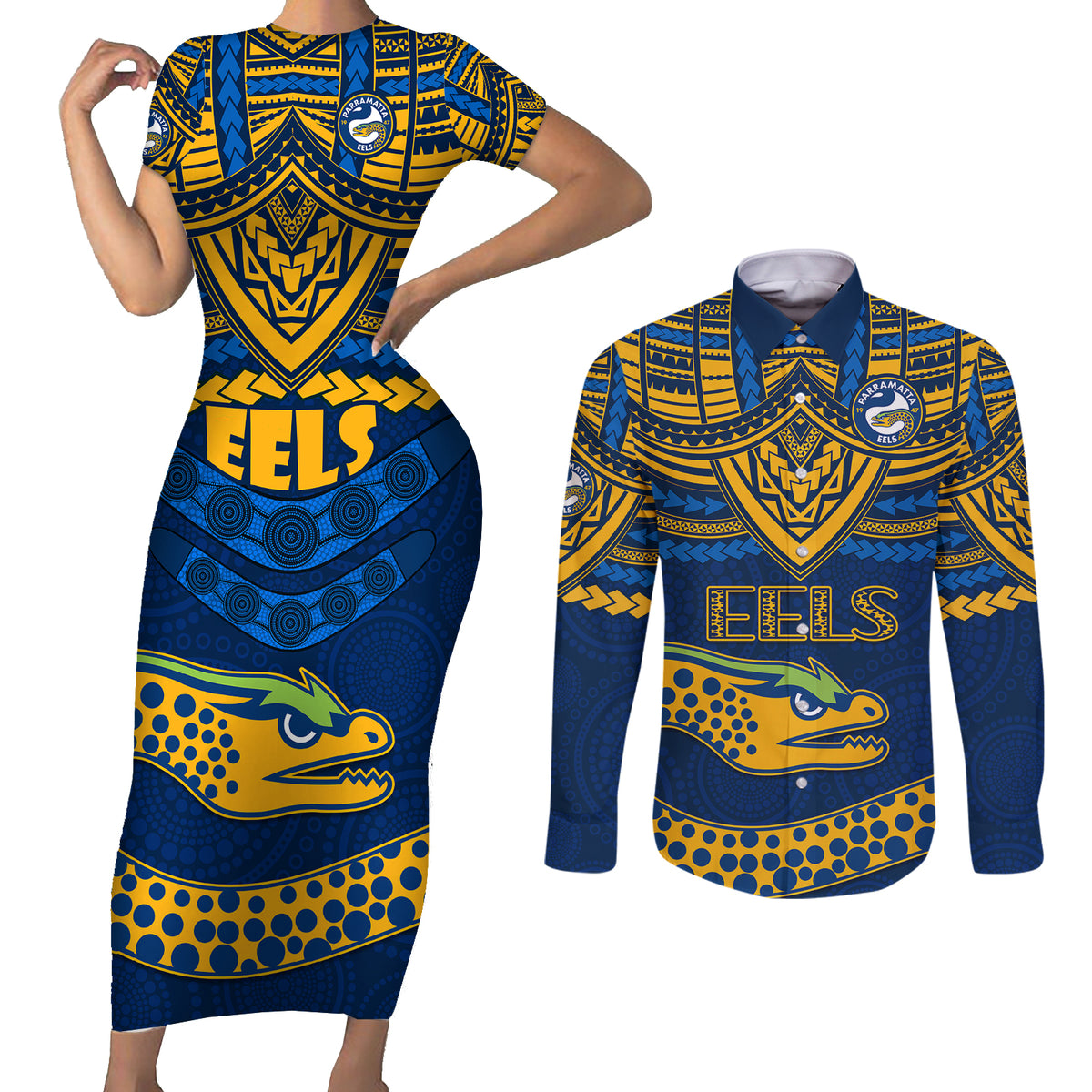 eels-rugby-couples-matching-short-sleeve-bodycon-dress-and-long-sleeve-button-shirts-polynesian-and-aboriginal-vibe
