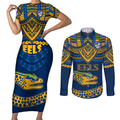 eels-rugby-couples-matching-short-sleeve-bodycon-dress-and-long-sleeve-button-shirts-polynesian-and-aboriginal-vibe