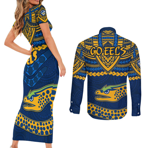 eels-rugby-couples-matching-short-sleeve-bodycon-dress-and-long-sleeve-button-shirts-polynesian-and-aboriginal-vibe
