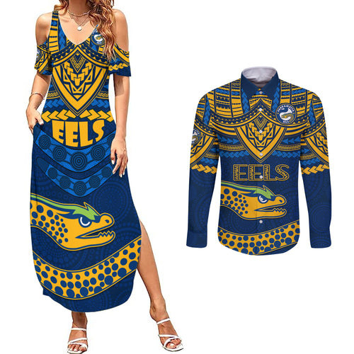 eels-rugby-couples-matching-summer-maxi-dress-and-long-sleeve-button-shirts-polynesian-and-aboriginal-vibe