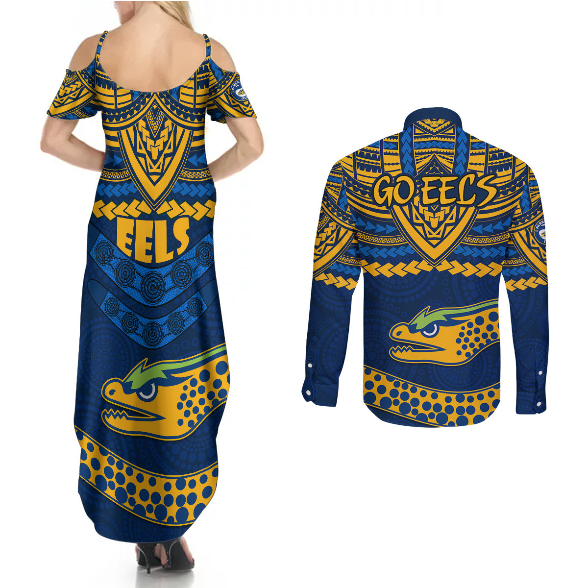 eels-rugby-couples-matching-summer-maxi-dress-and-long-sleeve-button-shirts-polynesian-and-aboriginal-vibe