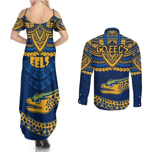 eels-rugby-couples-matching-summer-maxi-dress-and-long-sleeve-button-shirts-polynesian-and-aboriginal-vibe