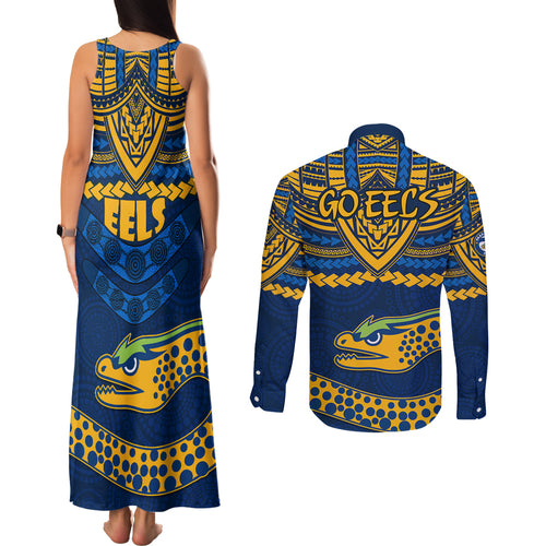 eels-rugby-couples-matching-tank-maxi-dress-and-long-sleeve-button-shirts-polynesian-and-aboriginal-vibe