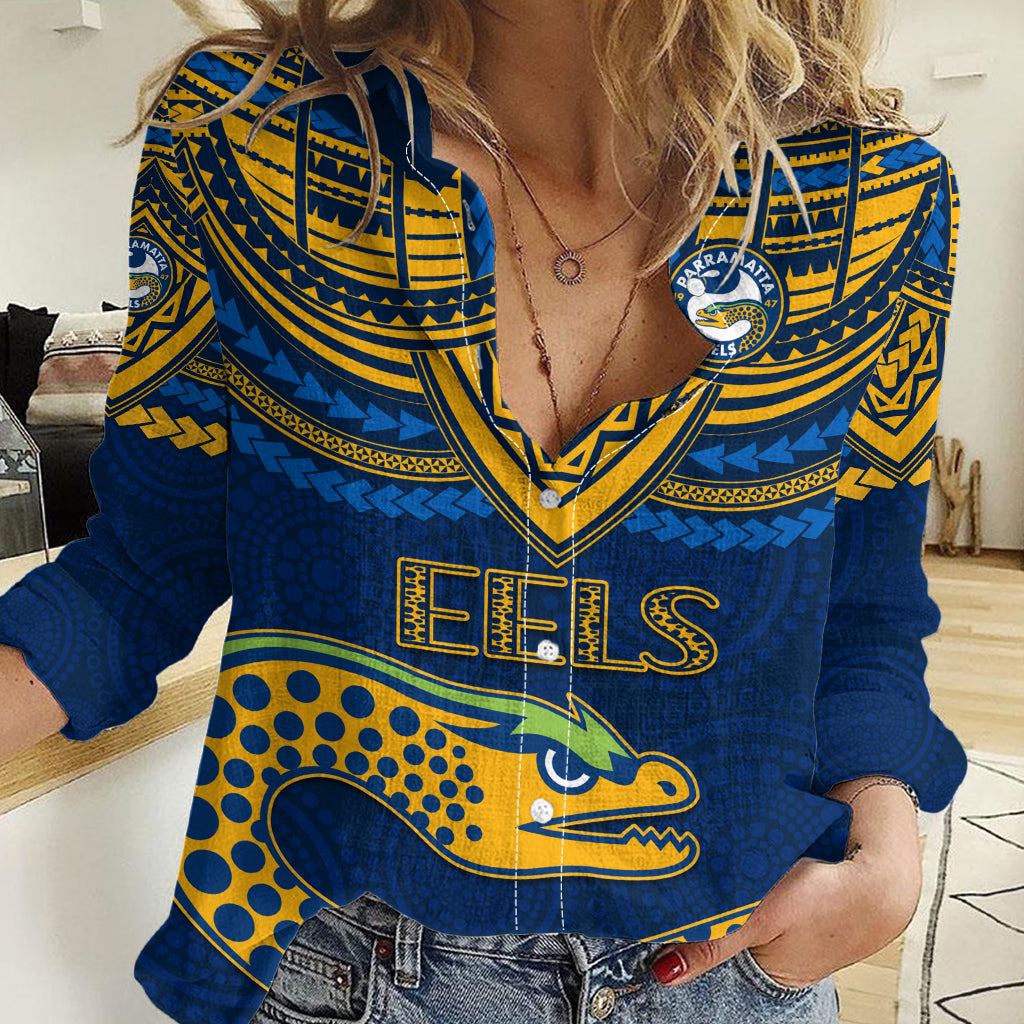 Eels Rugby Women Casual Shirt Polynesian and Aboriginal Vibe LT9
