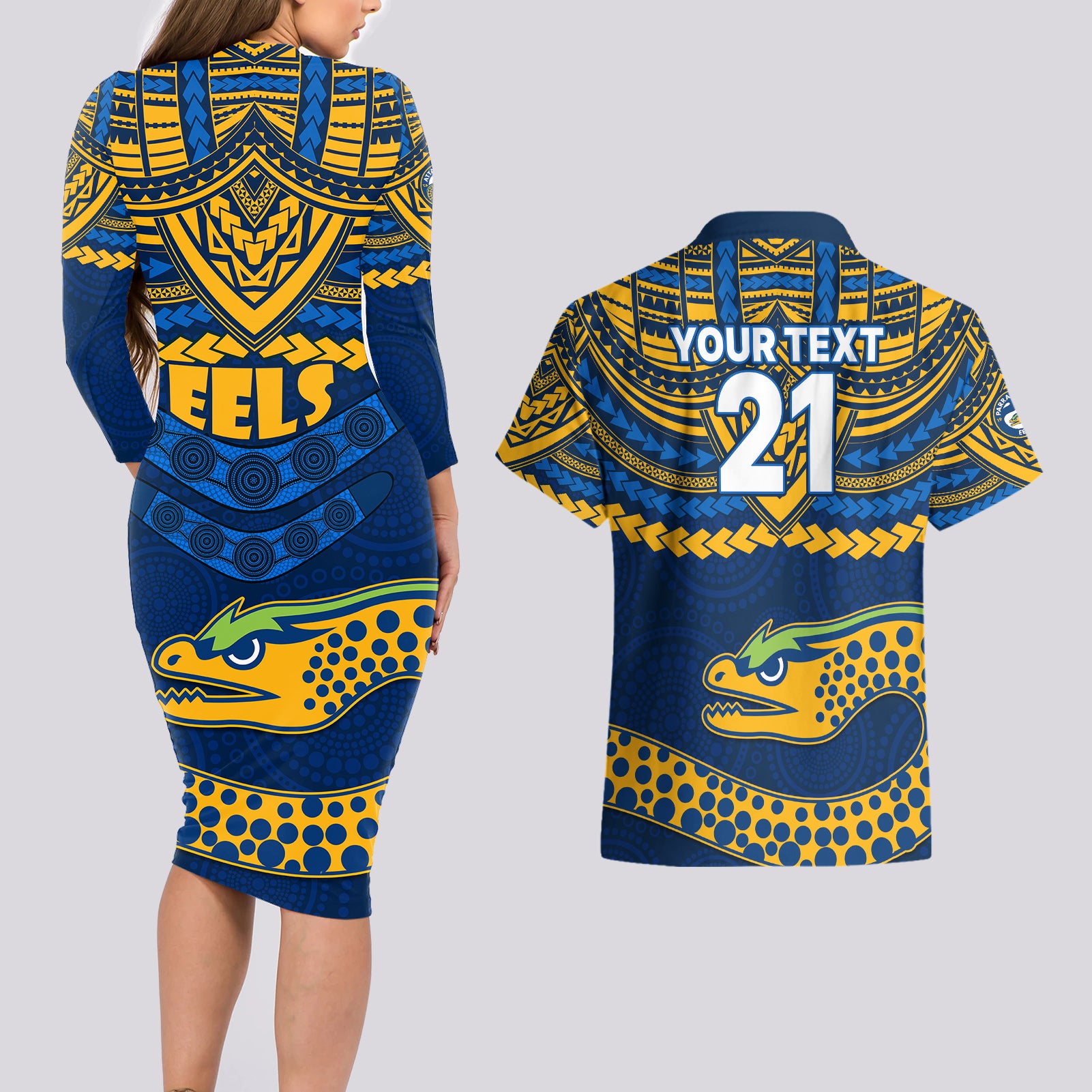 custom-eels-rugby-couples-matching-long-sleeve-bodycon-dress-and-hawaiian-shirt-polynesian-and-aboriginal-vibe