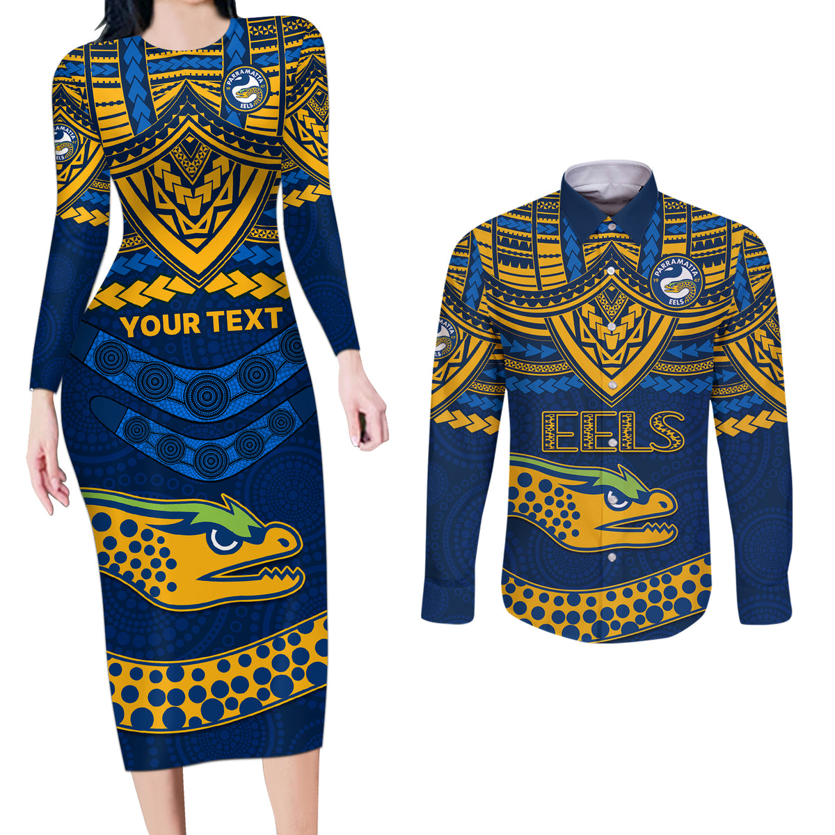 custom-eels-rugby-couples-matching-long-sleeve-bodycon-dress-and-long-sleeve-button-shirts-polynesian-and-aboriginal-vibe