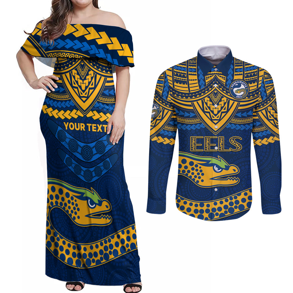 custom-eels-rugby-couples-matching-off-shoulder-maxi-dress-and-long-sleeve-button-shirts-polynesian-and-aboriginal-vibe