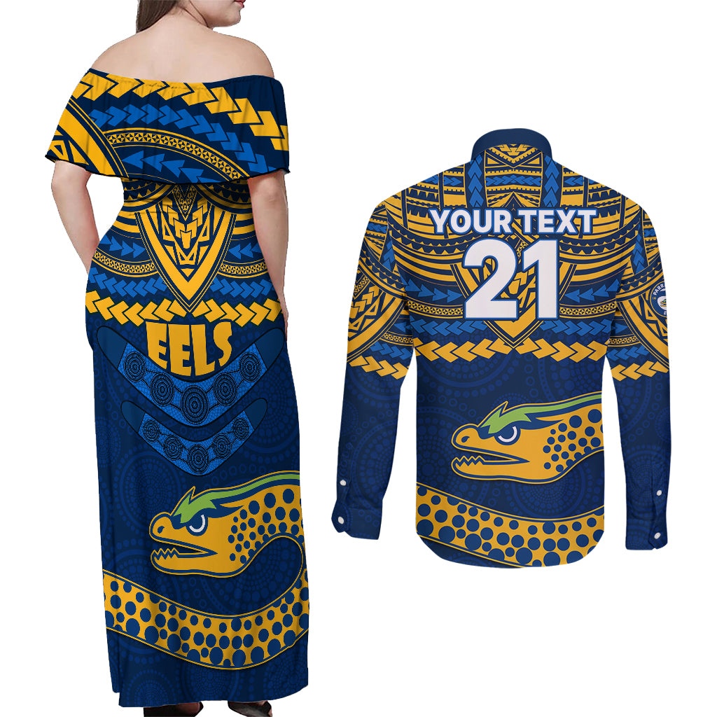 custom-eels-rugby-couples-matching-off-shoulder-maxi-dress-and-long-sleeve-button-shirts-polynesian-and-aboriginal-vibe