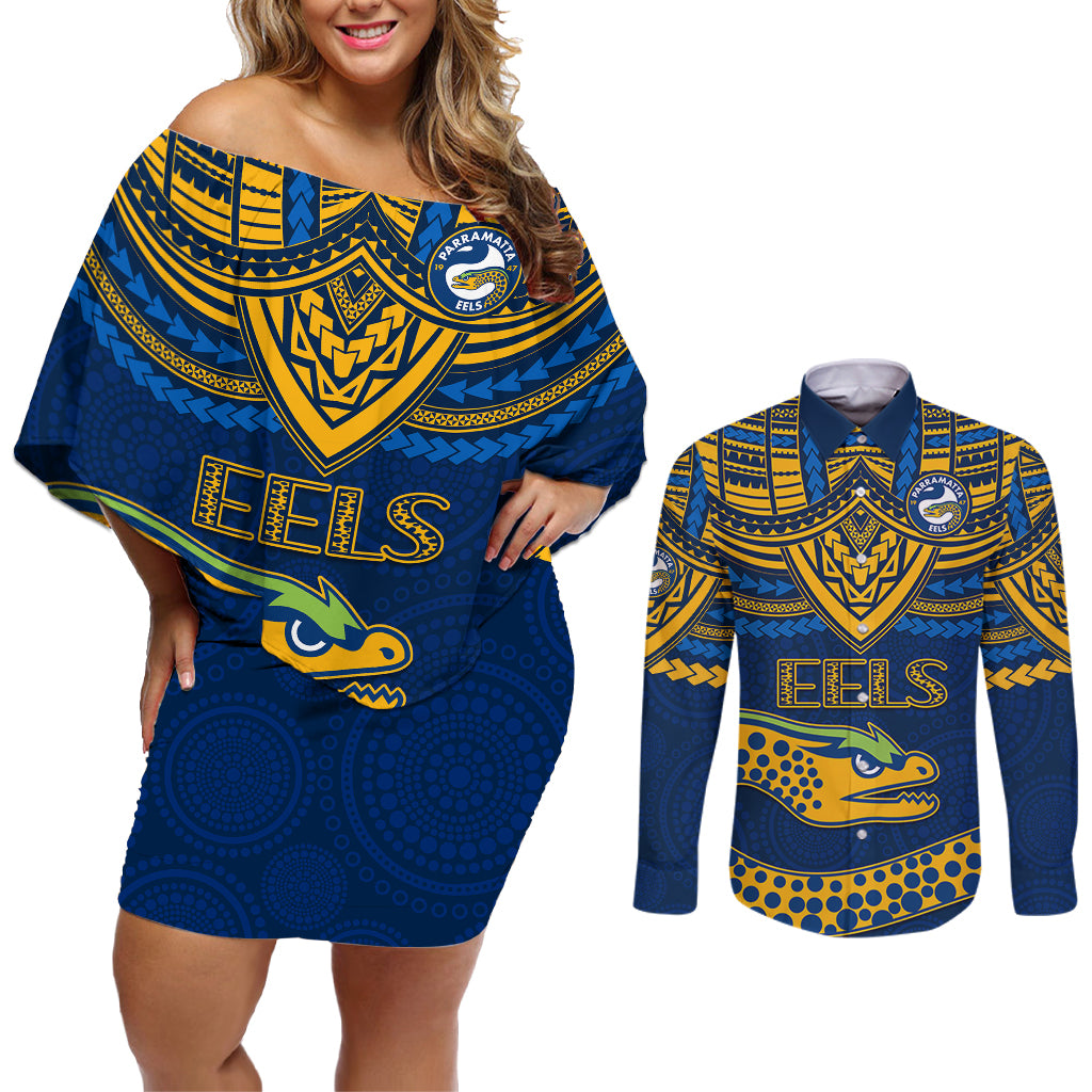 custom-eels-rugby-couples-matching-off-shoulder-short-dress-and-long-sleeve-button-shirts-polynesian-and-aboriginal-vibe