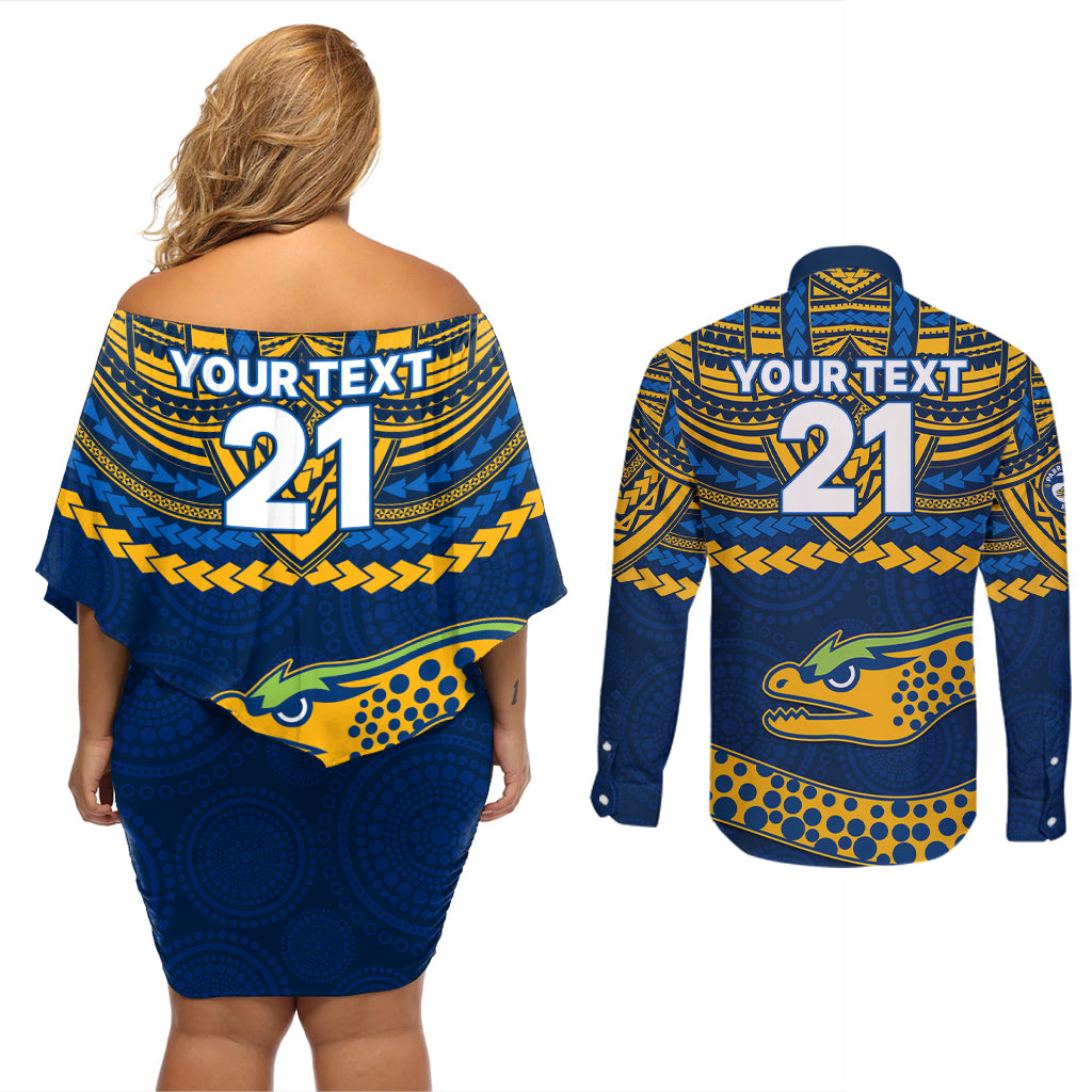 custom-eels-rugby-couples-matching-off-shoulder-short-dress-and-long-sleeve-button-shirts-polynesian-and-aboriginal-vibe