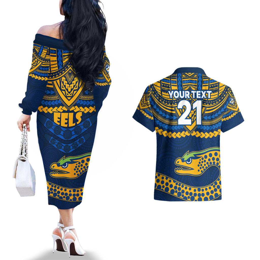 custom-eels-rugby-couples-matching-off-the-shoulder-long-sleeve-dress-and-hawaiian-shirt-polynesian-and-aboriginal-vibe