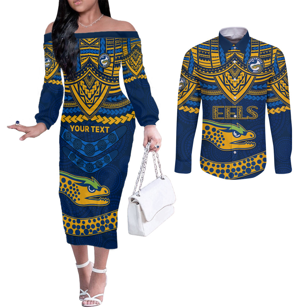 custom-eels-rugby-couples-matching-off-the-shoulder-long-sleeve-dress-and-long-sleeve-button-shirts-polynesian-and-aboriginal-vibe