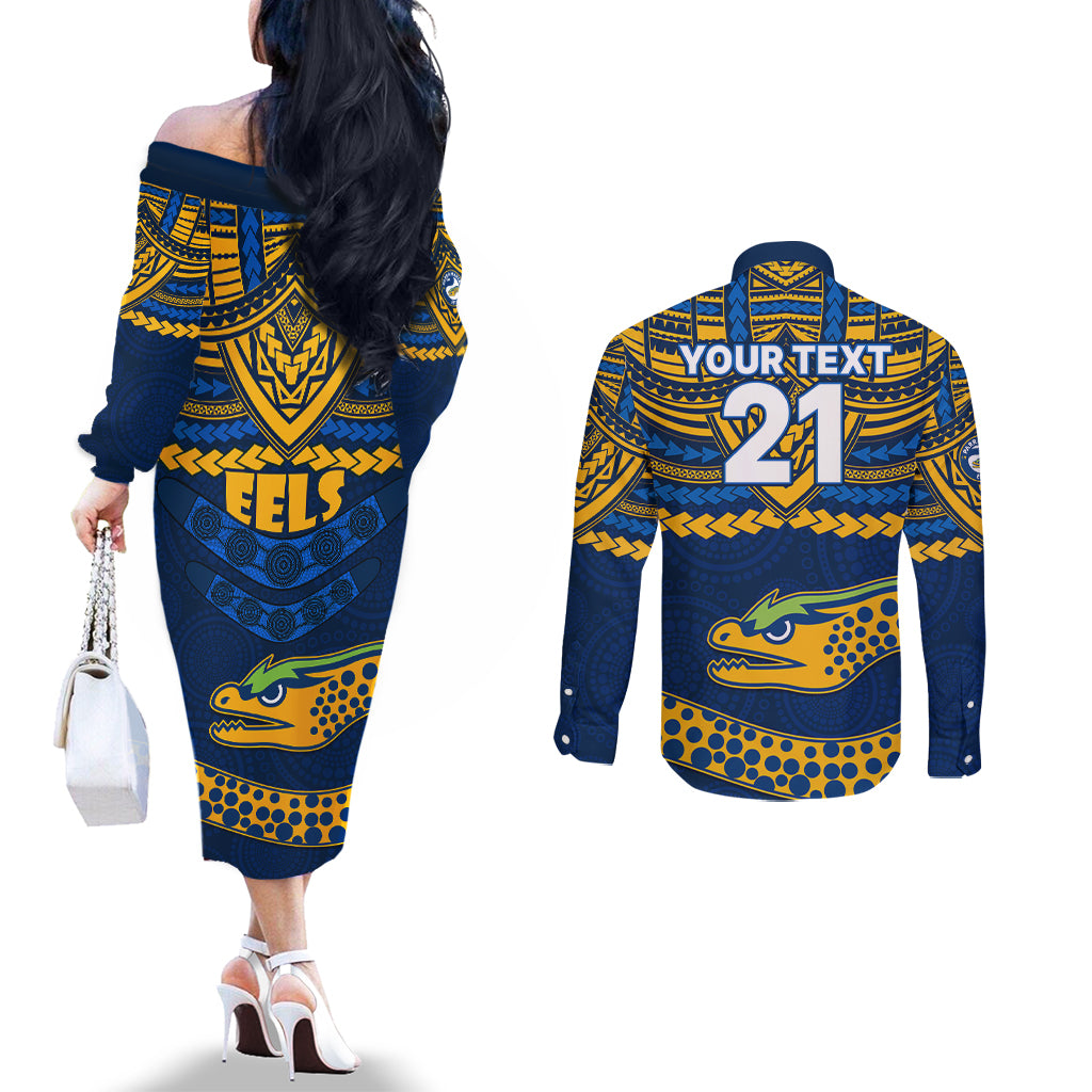 custom-eels-rugby-couples-matching-off-the-shoulder-long-sleeve-dress-and-long-sleeve-button-shirts-polynesian-and-aboriginal-vibe