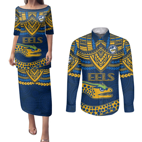 custom-eels-rugby-couples-matching-puletasi-dress-and-long-sleeve-button-shirts-polynesian-and-aboriginal-vibe