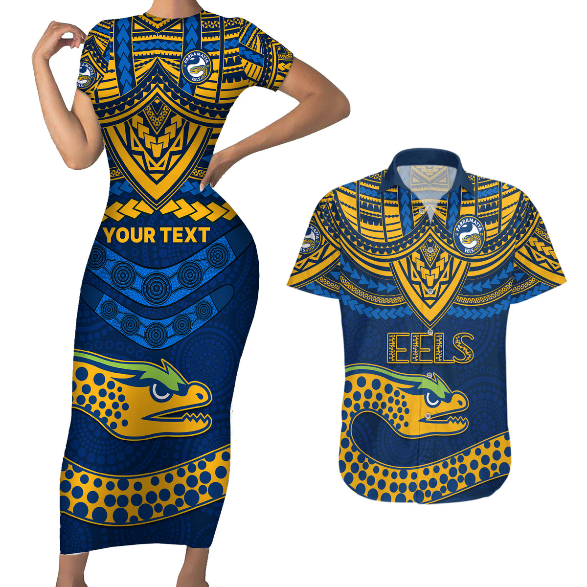 custom-eels-rugby-couples-matching-short-sleeve-bodycon-dress-and-hawaiian-shirt-polynesian-and-aboriginal-vibe