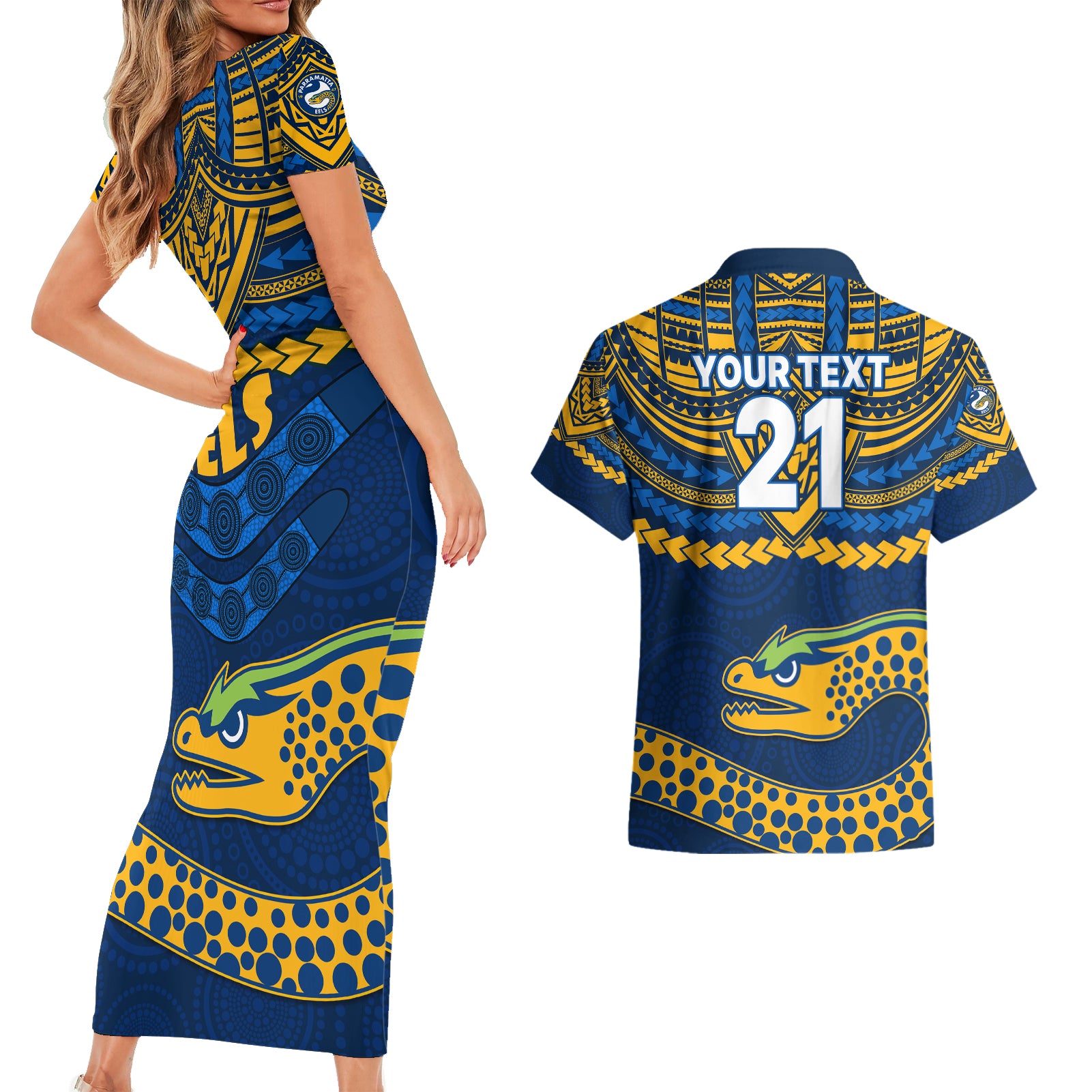 custom-eels-rugby-couples-matching-short-sleeve-bodycon-dress-and-hawaiian-shirt-polynesian-and-aboriginal-vibe