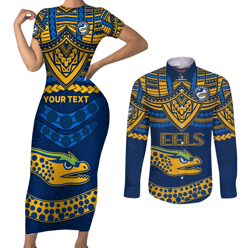 custom-eels-rugby-couples-matching-short-sleeve-bodycon-dress-and-long-sleeve-button-shirts-polynesian-and-aboriginal-vibe