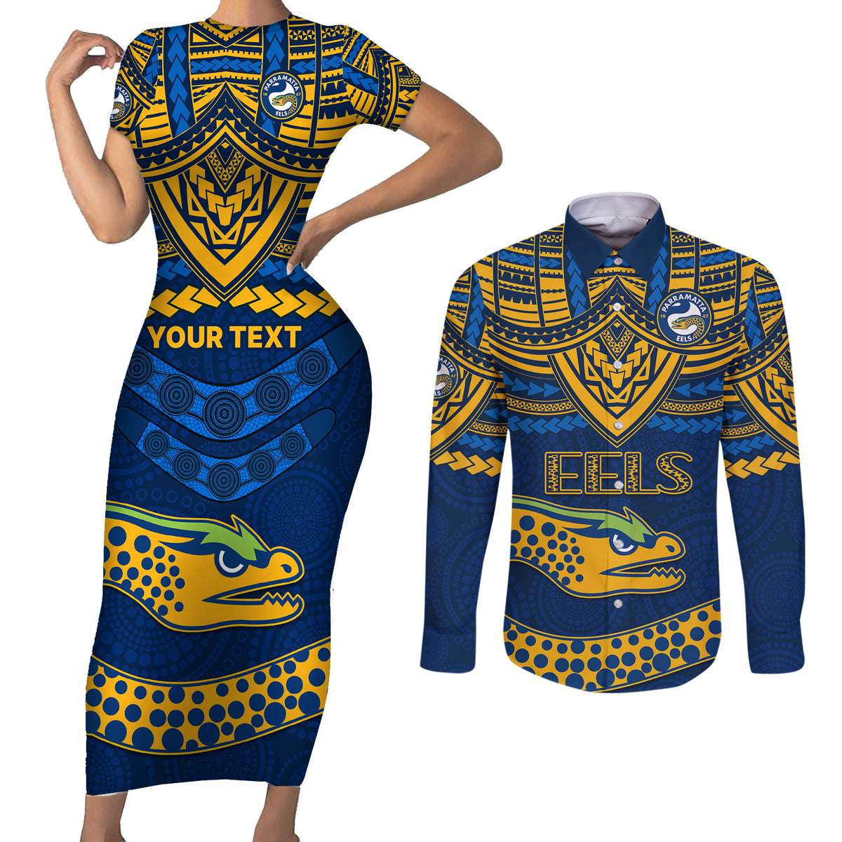 custom-eels-rugby-couples-matching-short-sleeve-bodycon-dress-and-long-sleeve-button-shirts-polynesian-and-aboriginal-vibe