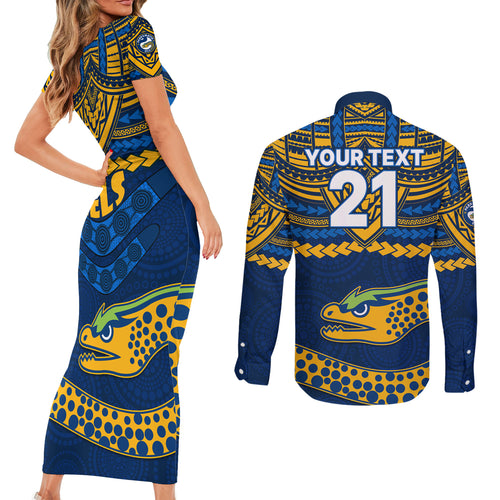 custom-eels-rugby-couples-matching-short-sleeve-bodycon-dress-and-long-sleeve-button-shirts-polynesian-and-aboriginal-vibe
