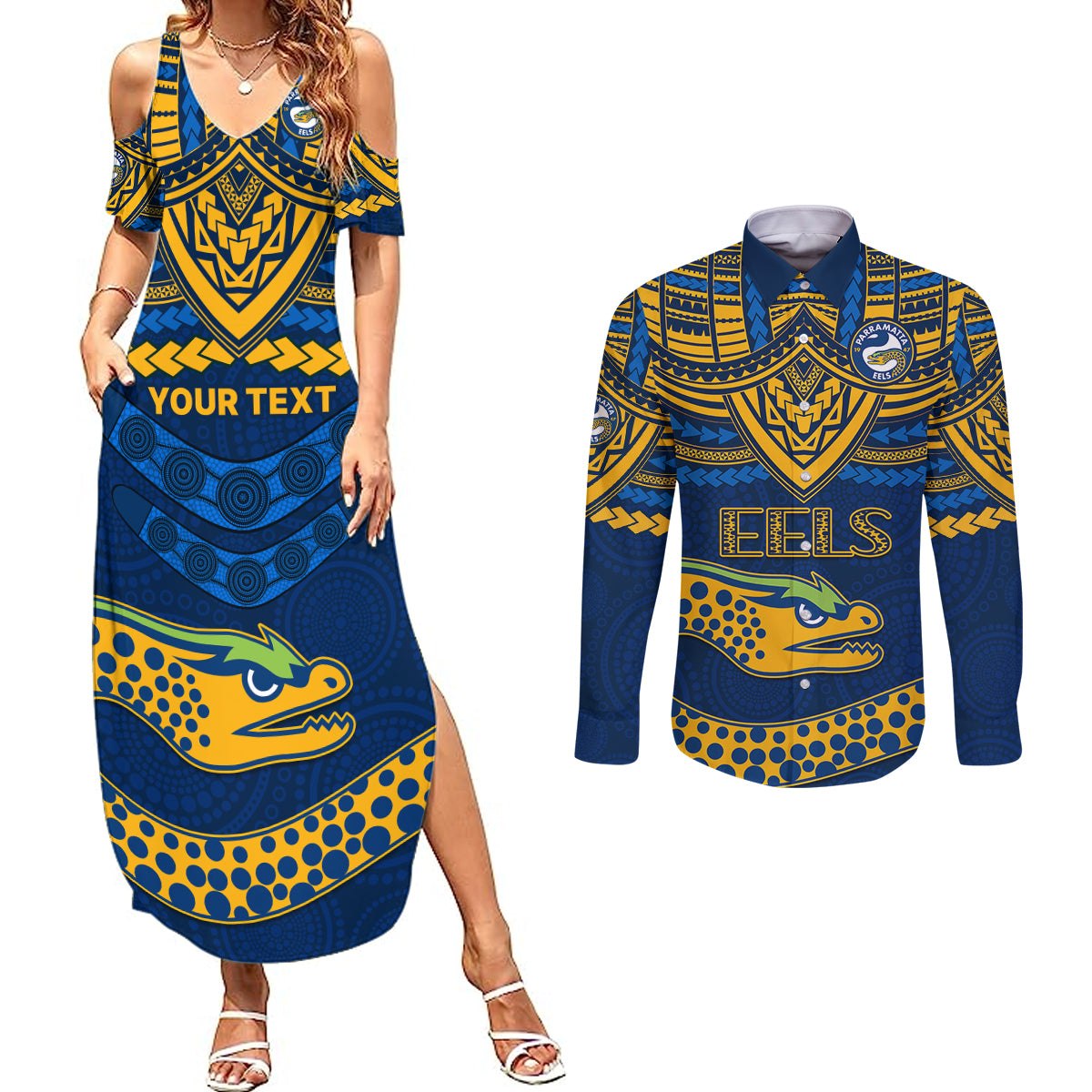 custom-eels-rugby-couples-matching-summer-maxi-dress-and-long-sleeve-button-shirts-polynesian-and-aboriginal-vibe