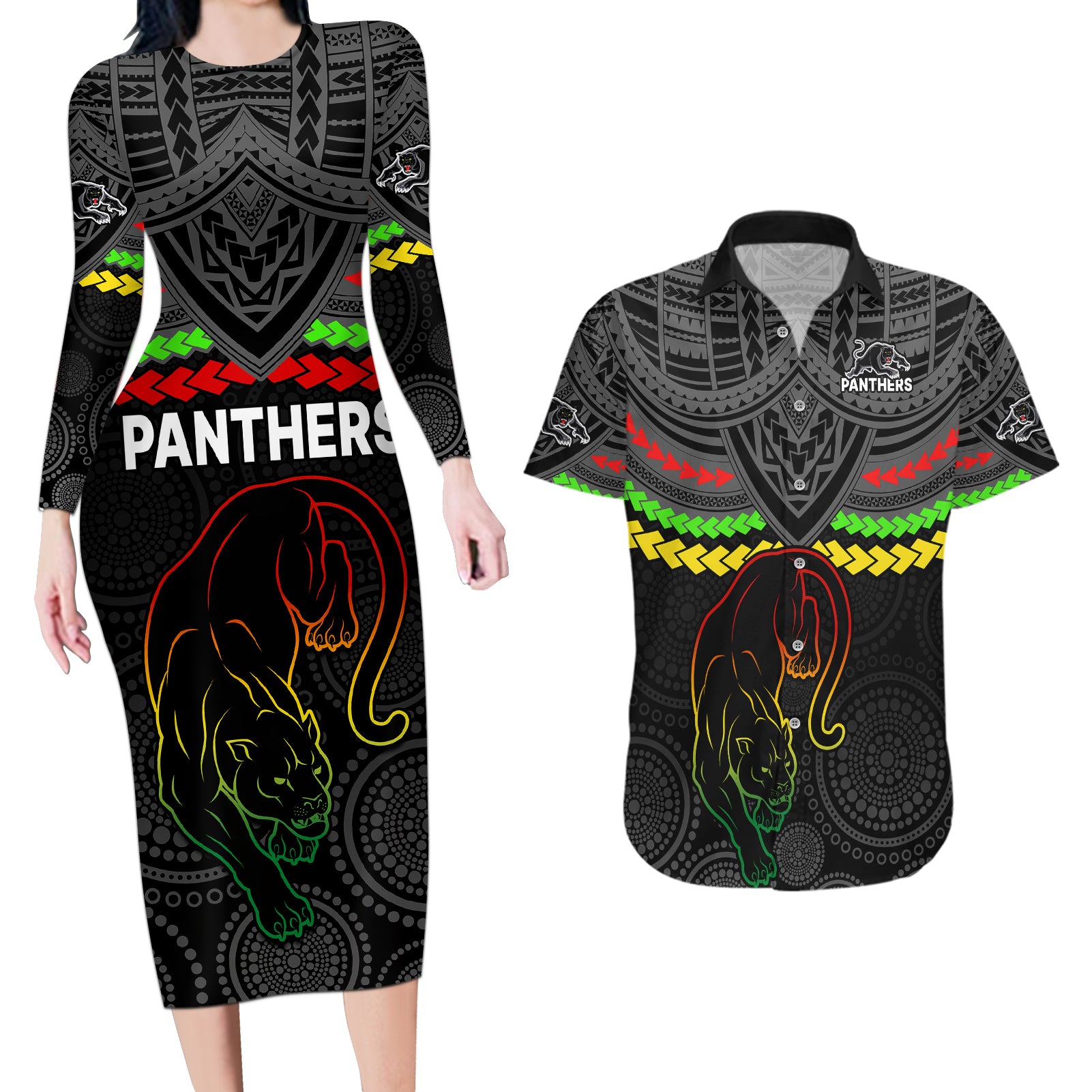 panthers-rugby-couples-matching-long-sleeve-bodycon-dress-and-hawaiian-shirt-polynesian-and-aboriginal-vibe