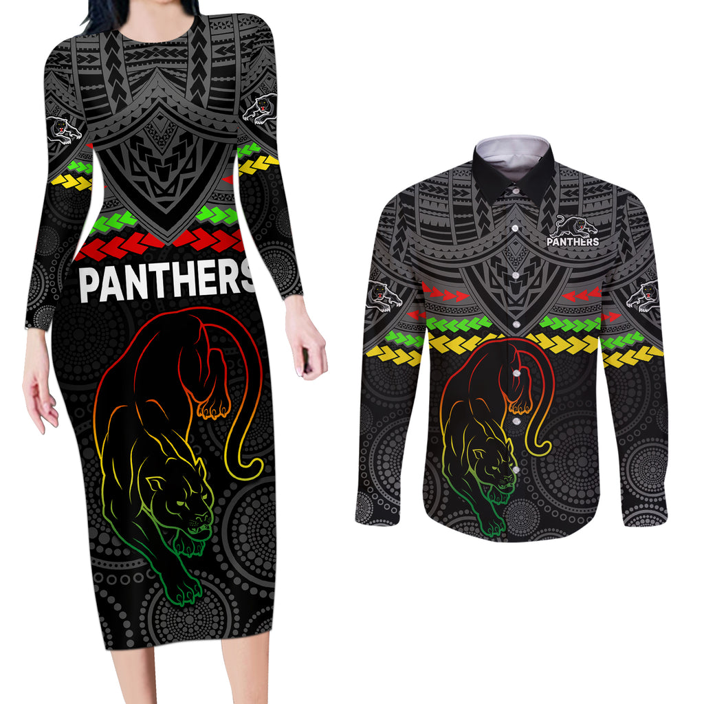 panthers-rugby-couples-matching-long-sleeve-bodycon-dress-and-long-sleeve-button-shirts-polynesian-and-aboriginal-vibe