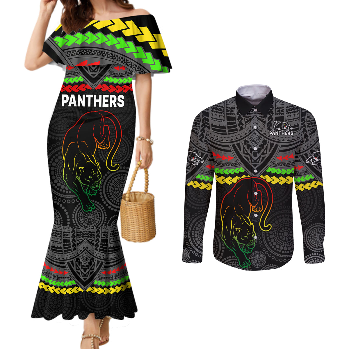 panthers-rugby-couples-matching-mermaid-dress-and-long-sleeve-button-shirts-polynesian-and-aboriginal-vibe