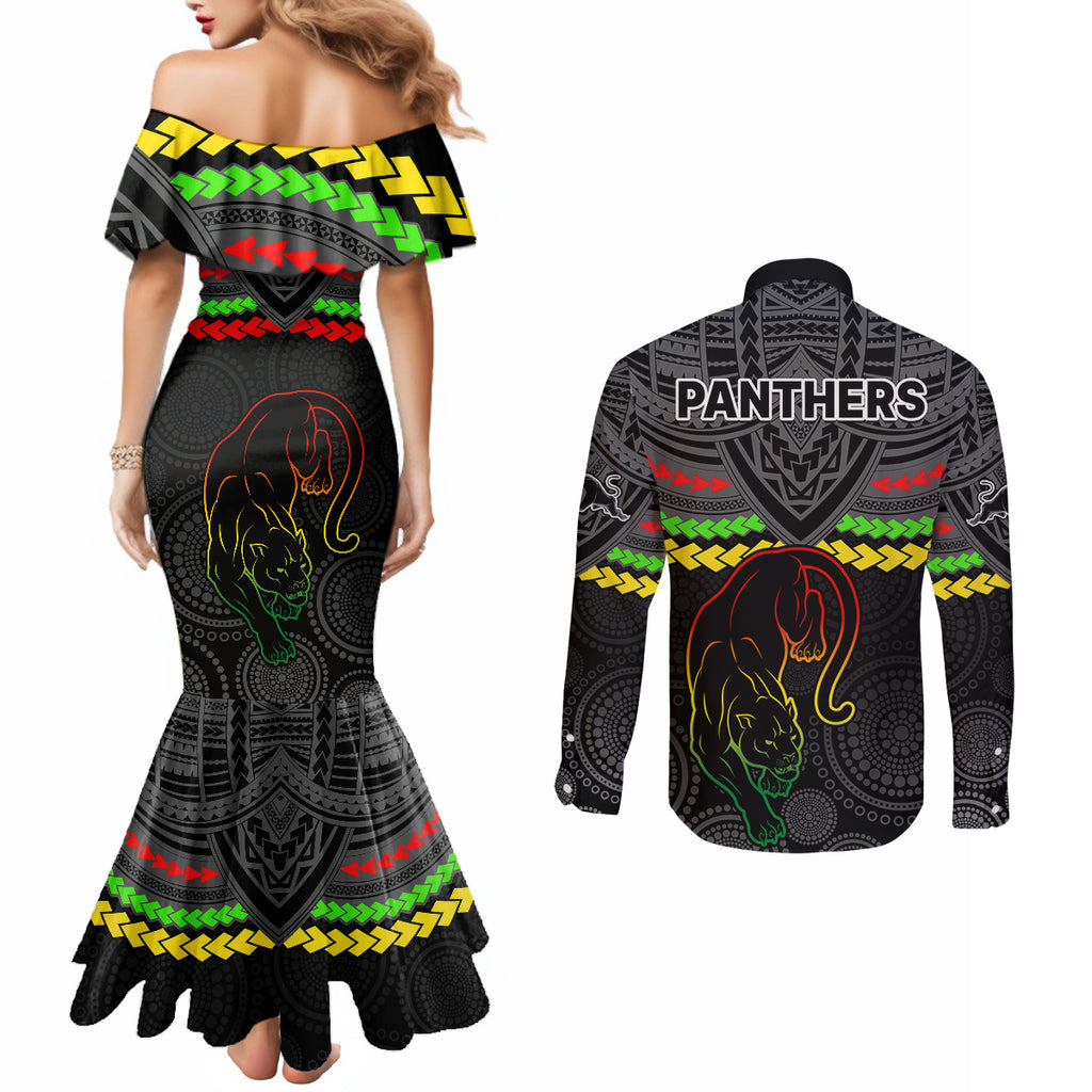panthers-rugby-couples-matching-mermaid-dress-and-long-sleeve-button-shirts-polynesian-and-aboriginal-vibe