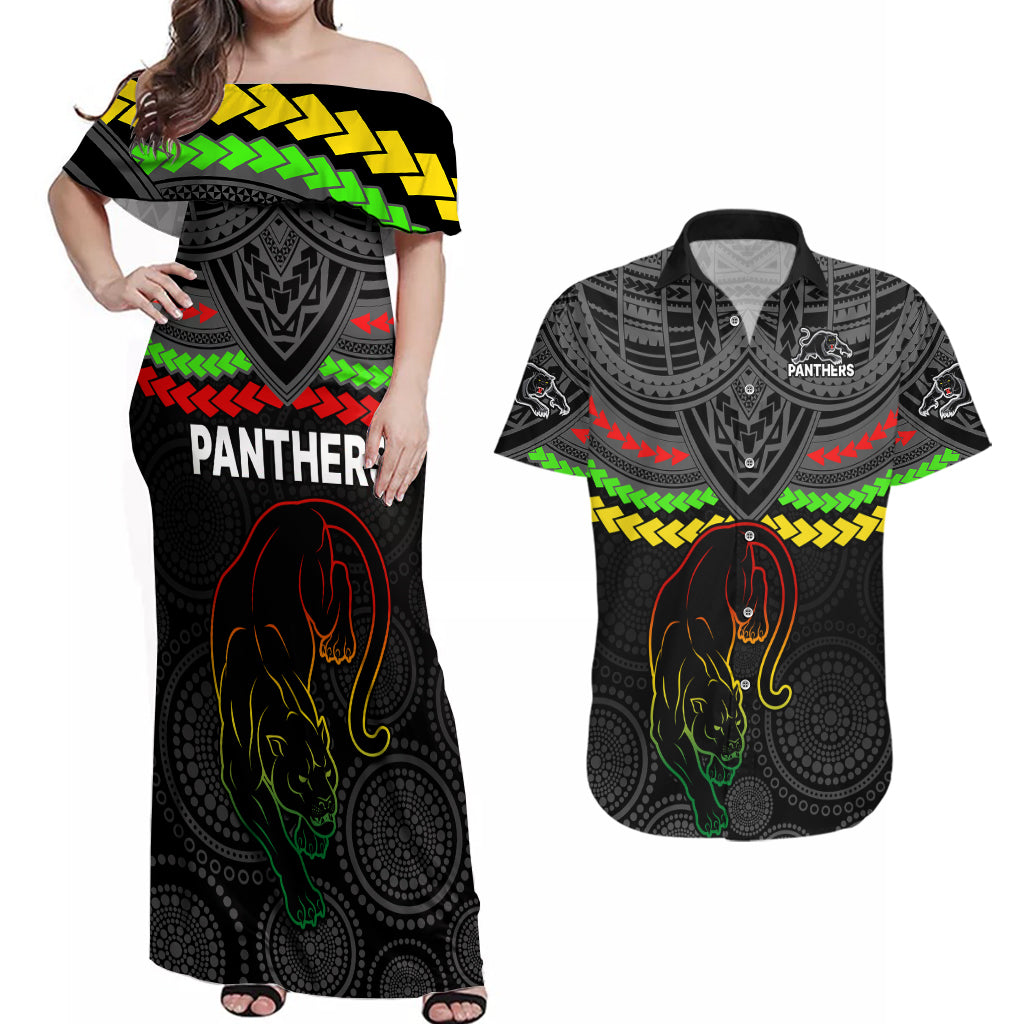 panthers-rugby-couples-matching-off-shoulder-maxi-dress-and-hawaiian-shirt-polynesian-and-aboriginal-vibe