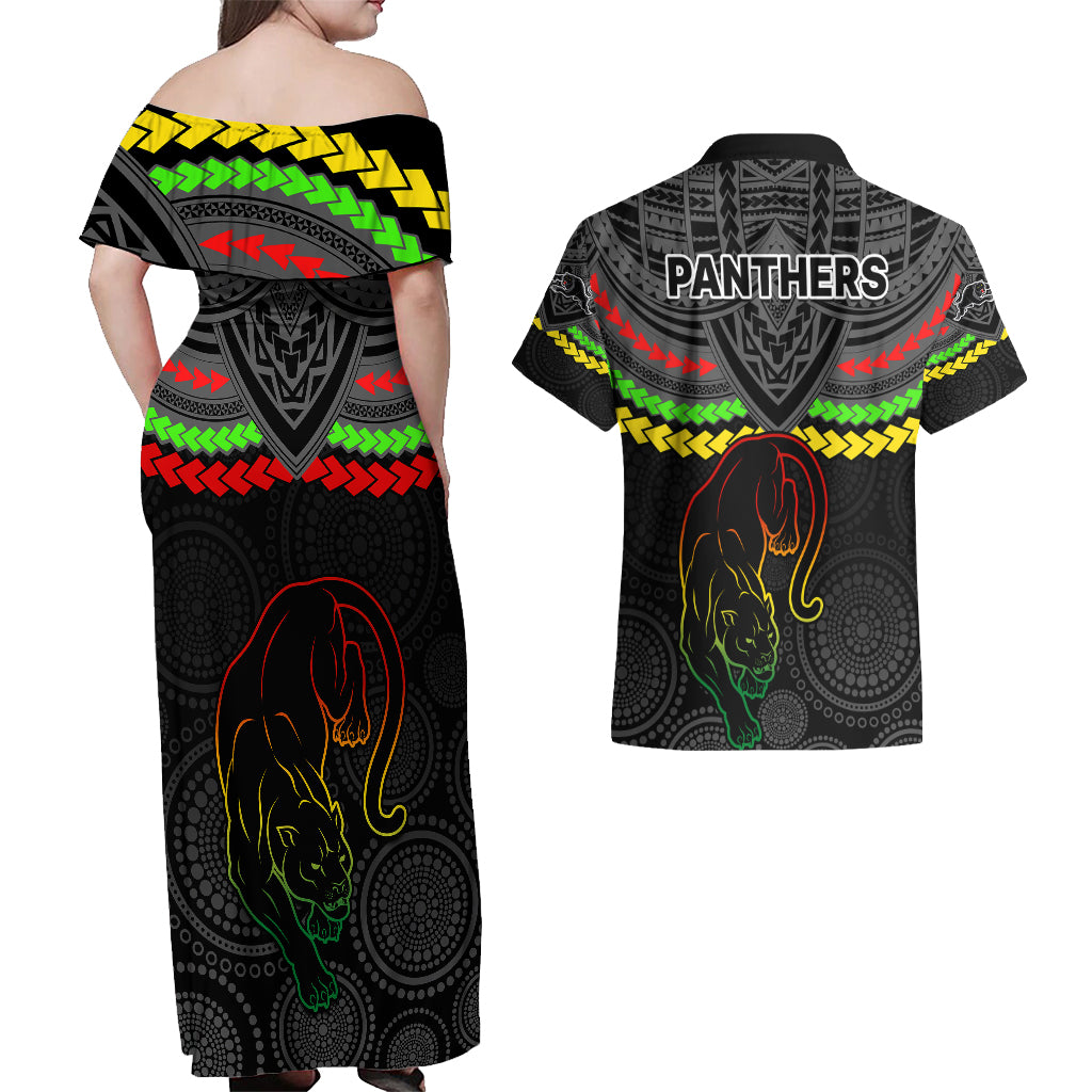 panthers-rugby-couples-matching-off-shoulder-maxi-dress-and-hawaiian-shirt-polynesian-and-aboriginal-vibe