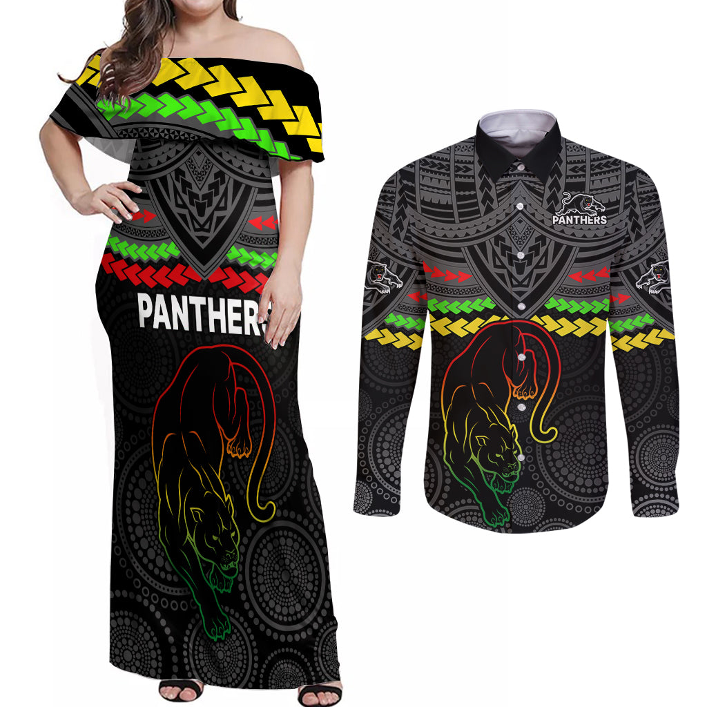 panthers-rugby-couples-matching-off-shoulder-maxi-dress-and-long-sleeve-button-shirts-polynesian-and-aboriginal-vibe